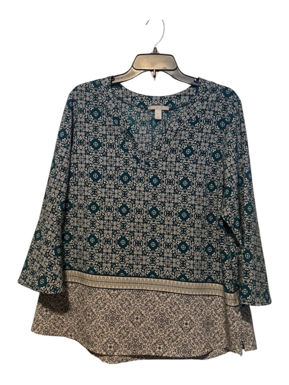 Dana Buchman Teal and Cream Printed V-Neck Tunic